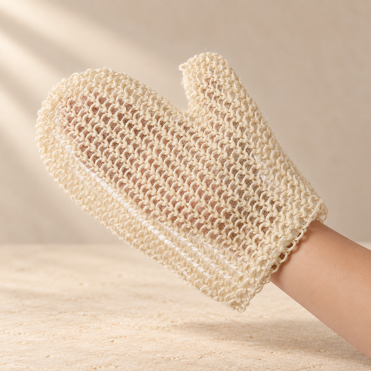 Gant exfoliant en sisal AUREKO porté sur la main
