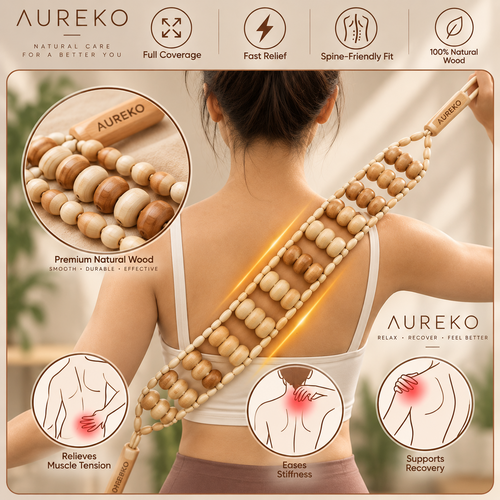 Woman using the AUREKO wooden back massage strap at home