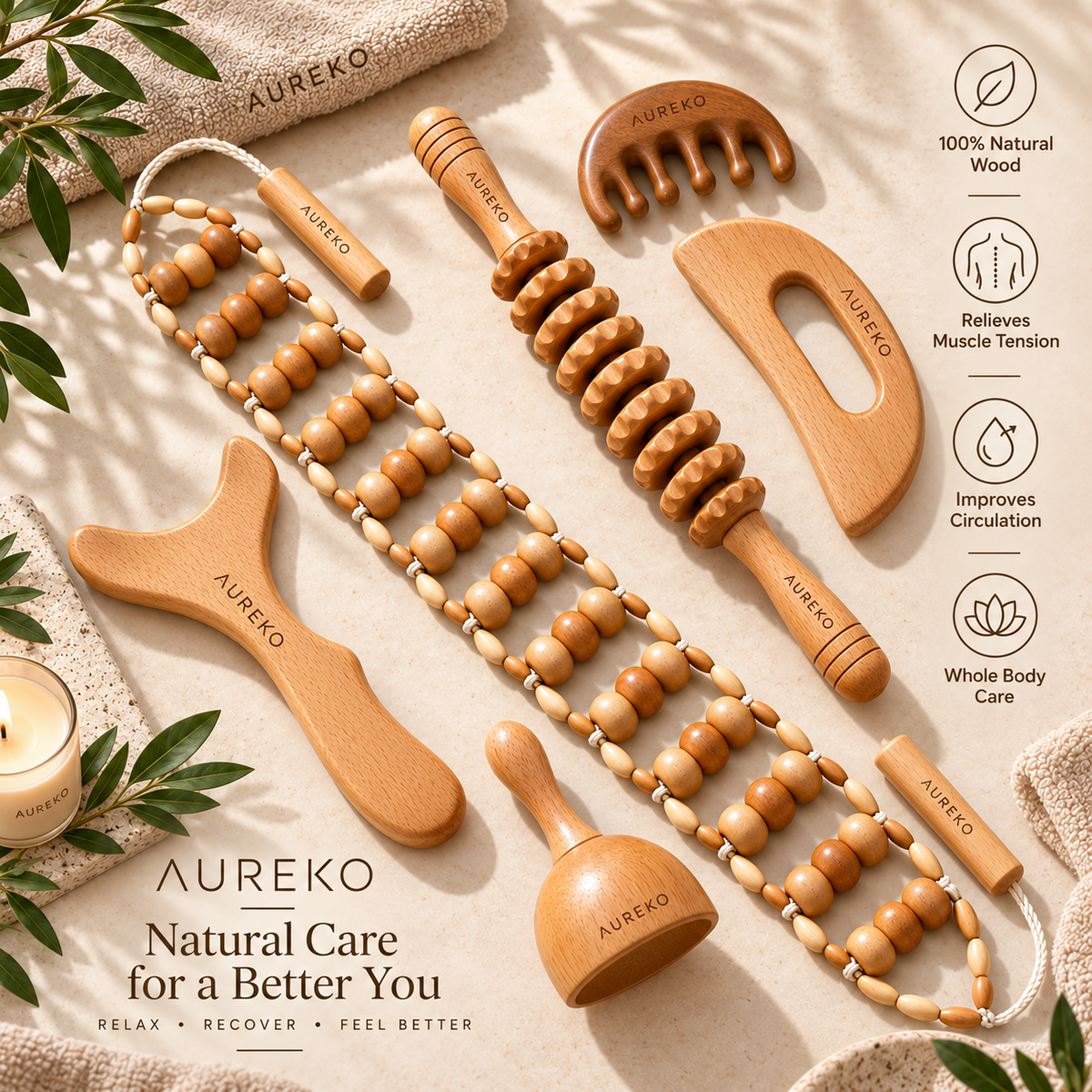 AUREKO 6-piece natural wood therapy massage set on a warm premium background
