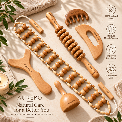 AUREKO 6-piece natural wood therapy massage set on a warm premium background