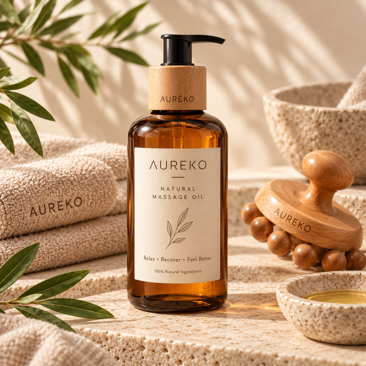 AUREKO Natural Massage Oil bottle in a premium warm body-care setting