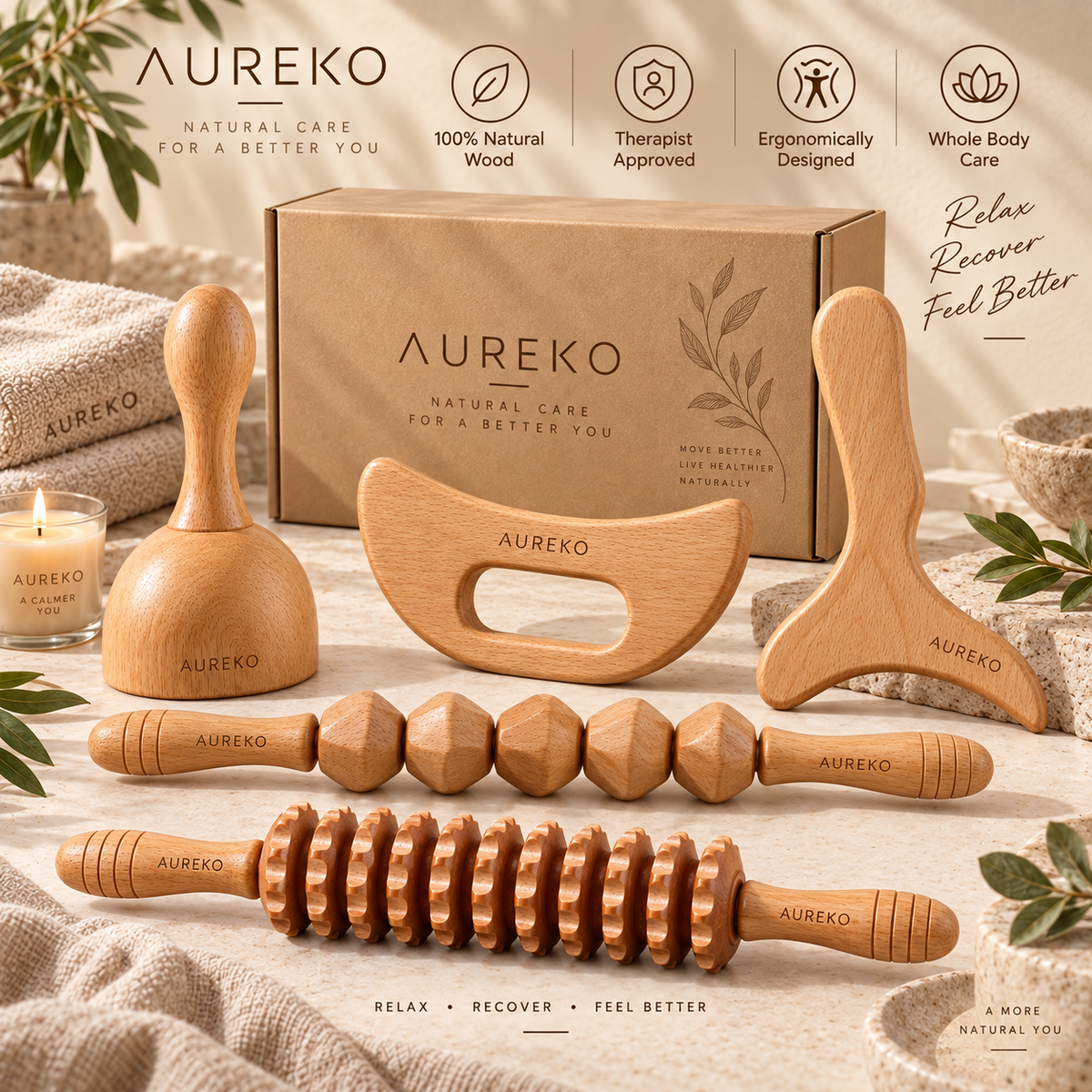 AUREKO natural wood massage tools with premium gift box