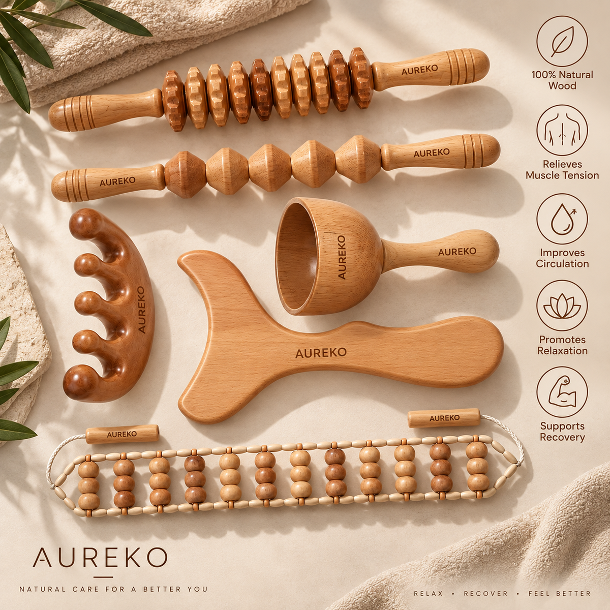 AUREKO wood therapy massage tools and full-body wellness benefits
